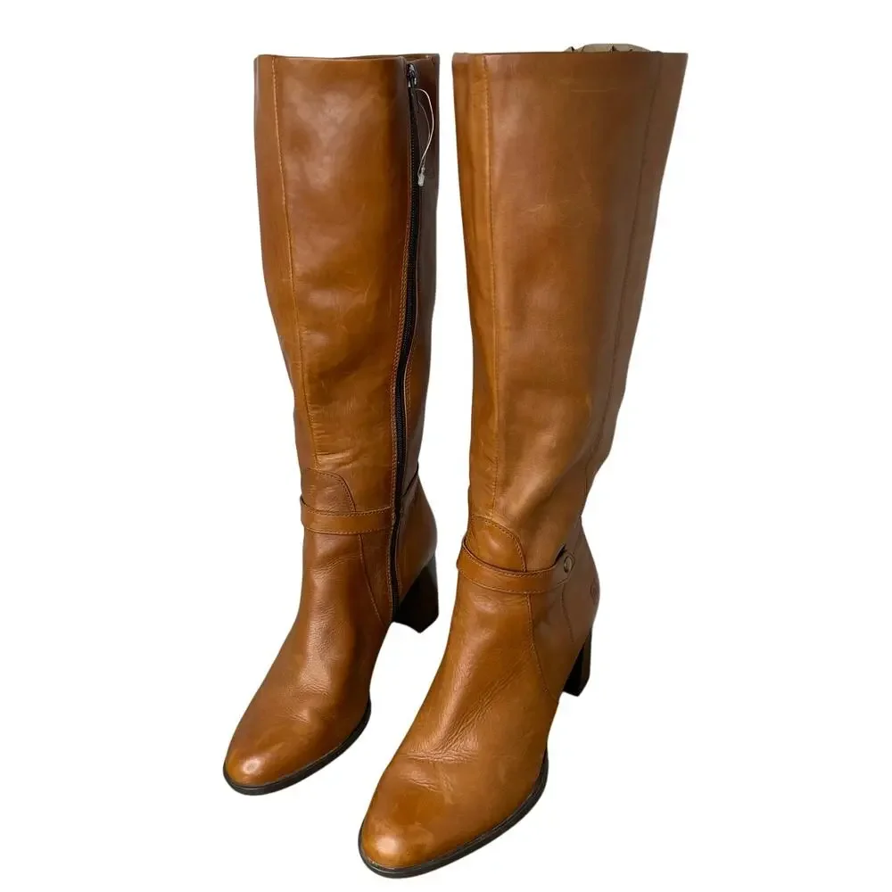 Born Ellendale knee-high Boots Size 7 Cognac Tan Leather Block Heel Chic New - Picture 3 of 15